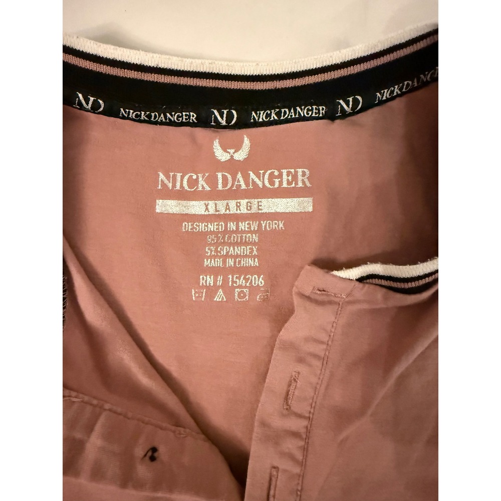 Nick Danger Mens XL Pink Short Sleeve Henley Shirt Striped Trim Cotton Blend - Picture 2 of 9